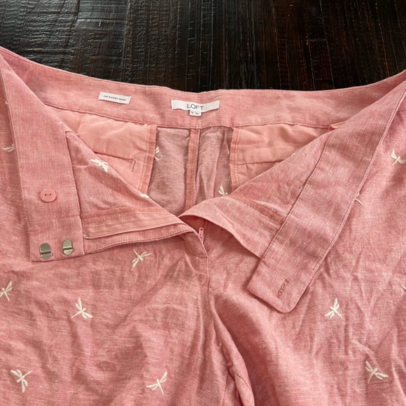 Loft The Riviera Shorts Women Size 16 Pink Dragonfly Embroidered Linen Blend - Picture 7 of 9